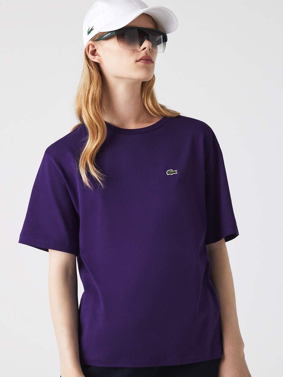 

Lacoste Women Pure Cotton Round Neck T-shirt, Purple