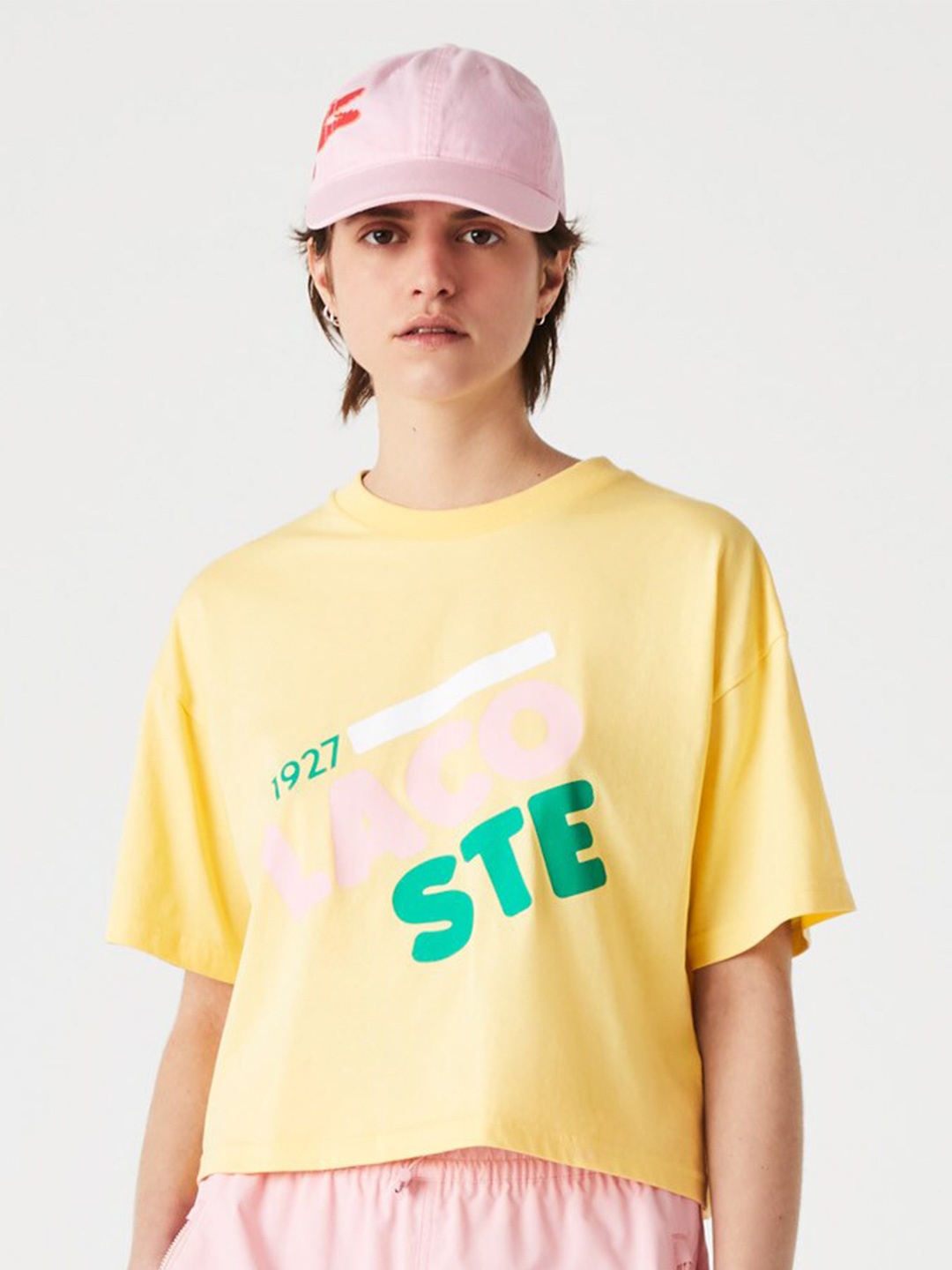 

Lacoste Women Printed Pure Cotton Loose T-shirt, Yellow