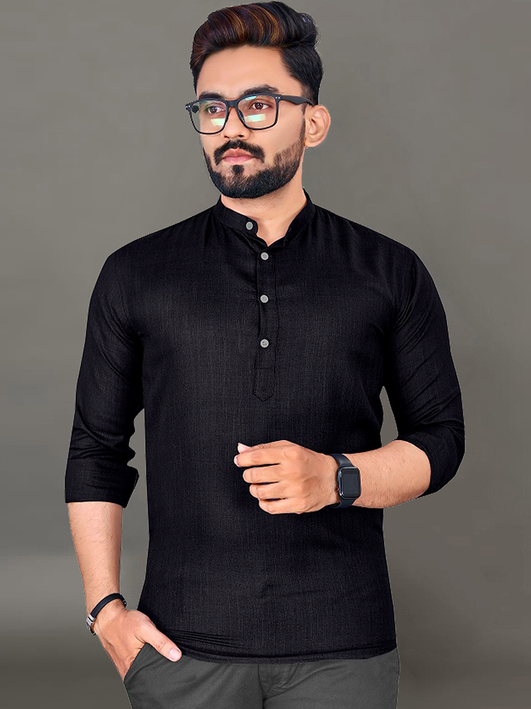 

Ekta Textiles Men Black Cotton Khadi Handloom Kurta