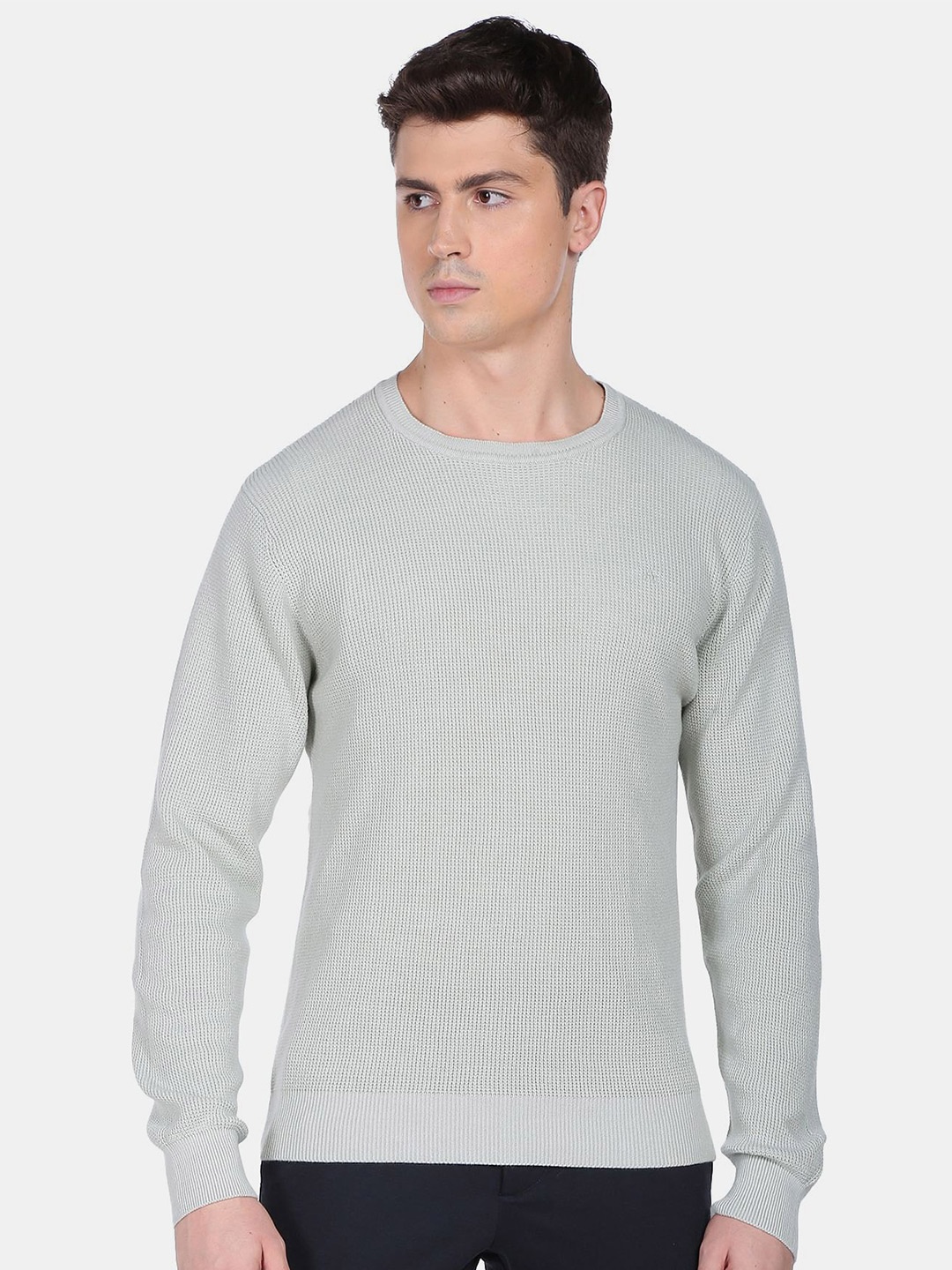 

Arrow Men Round Neck Textured Knit Sweater, Grey