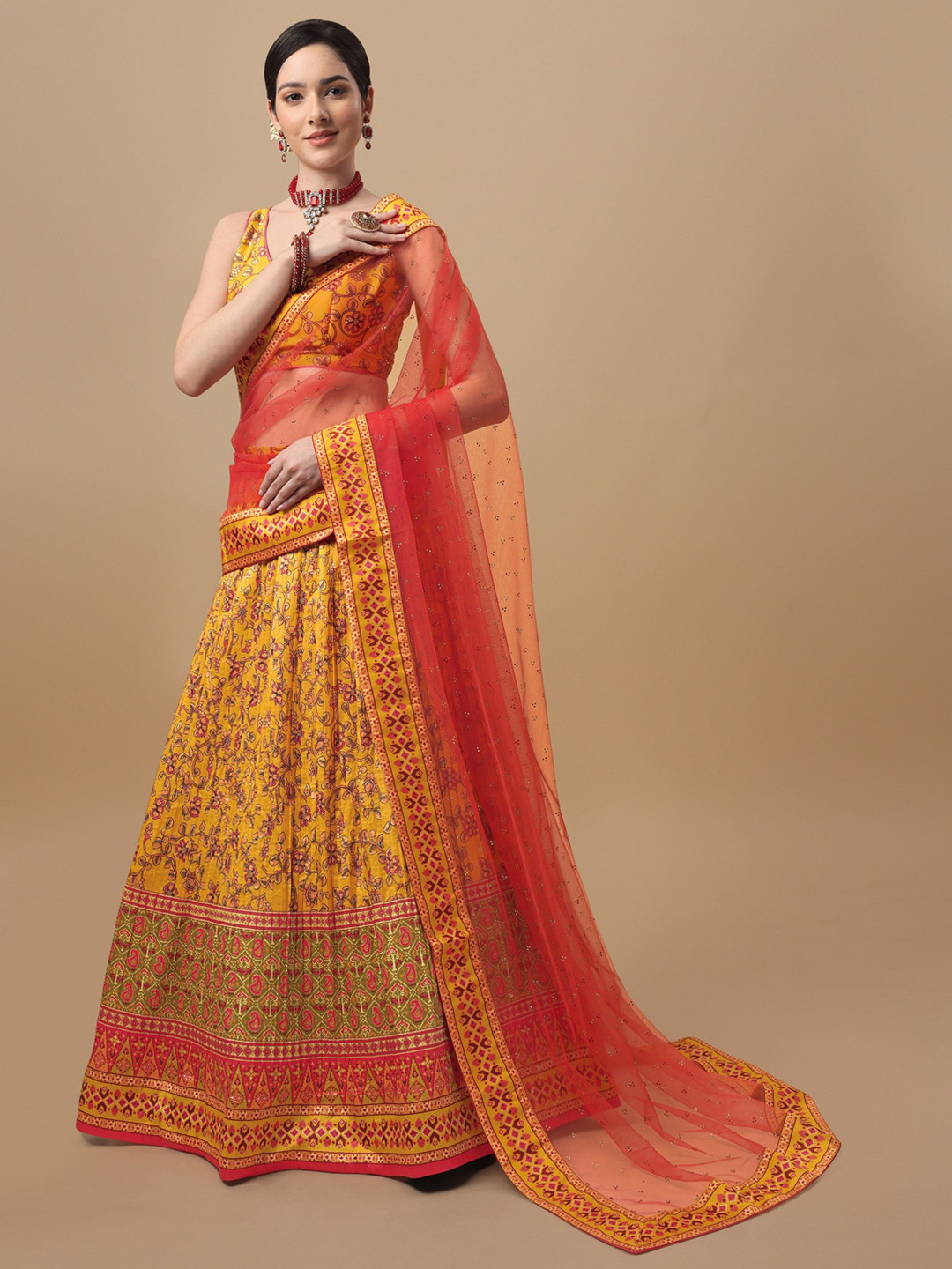 

SAPTRANGI Printed Kalamkari Semi-Stitched Lehenga & Unstitched Blouse With, Yellow