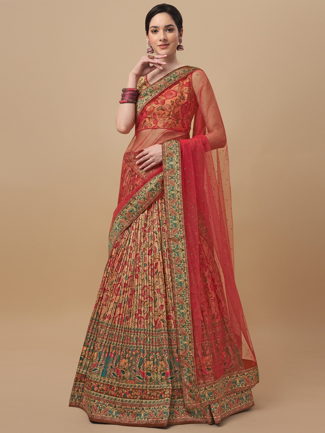 

SAPTRANGI Printed Kalamkari Semi-Stitched Lehenga & Unstitched Blouse With Dupatta, Yellow