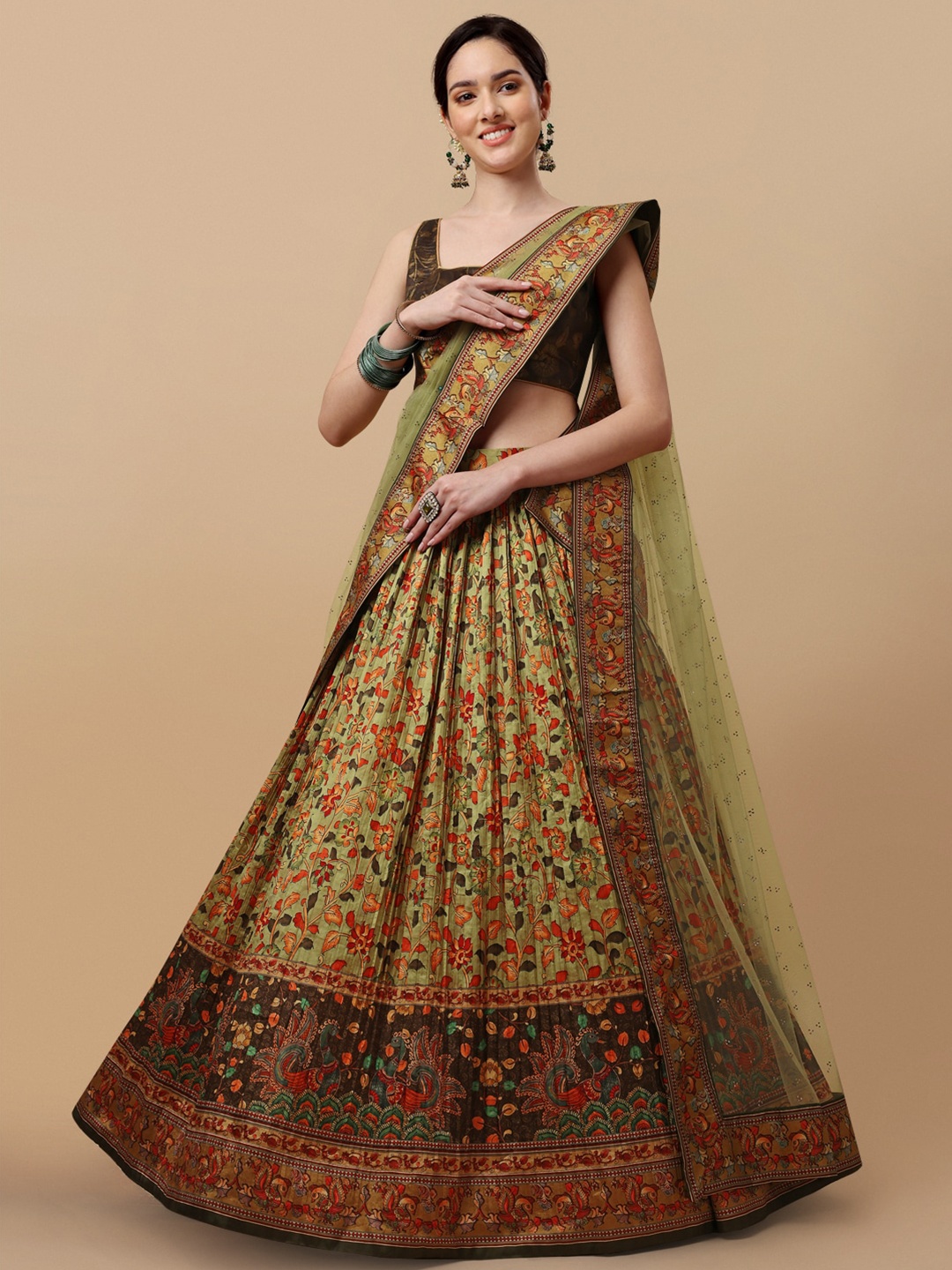 

SAPTRANGI Printed Kalamkari Semi-Stitched Lehenga & Unstitched Blouse With Dupatta, Green