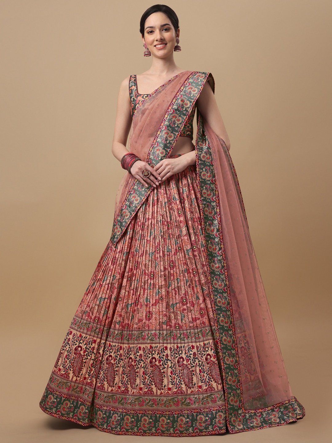 

SAPTRANGI Printed Kalamkari Semi-Stitched Lehenga & Unstitched Blouse With Dupatta, Peach