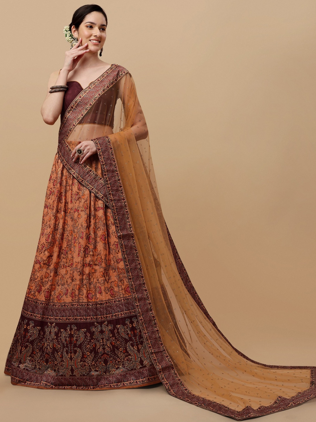 

SAPTRANGI Printed Kalamkari Semi-Stitched Lehenga & Unstitched Blouse With Dupatta, Brown