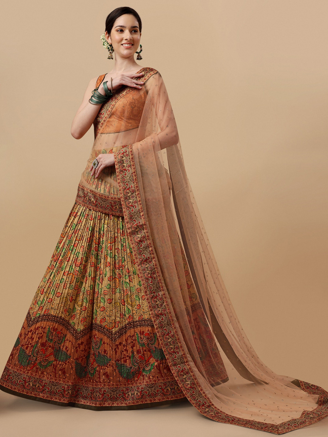 

SAPTRANGI Printed Kalamkari Semi-Stitched Lehenga & Unstitched Blouse With Dupatta, Orange