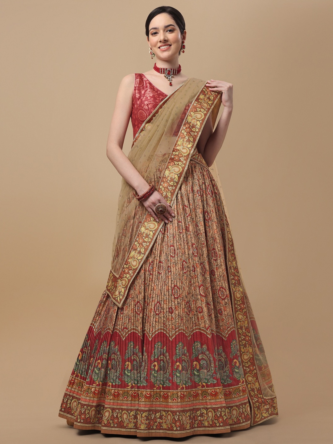 

SAPTRANGI Printed Kalamkari Semi-Stitched Lehenga & Unstitched Blouse With Dupatta, Beige