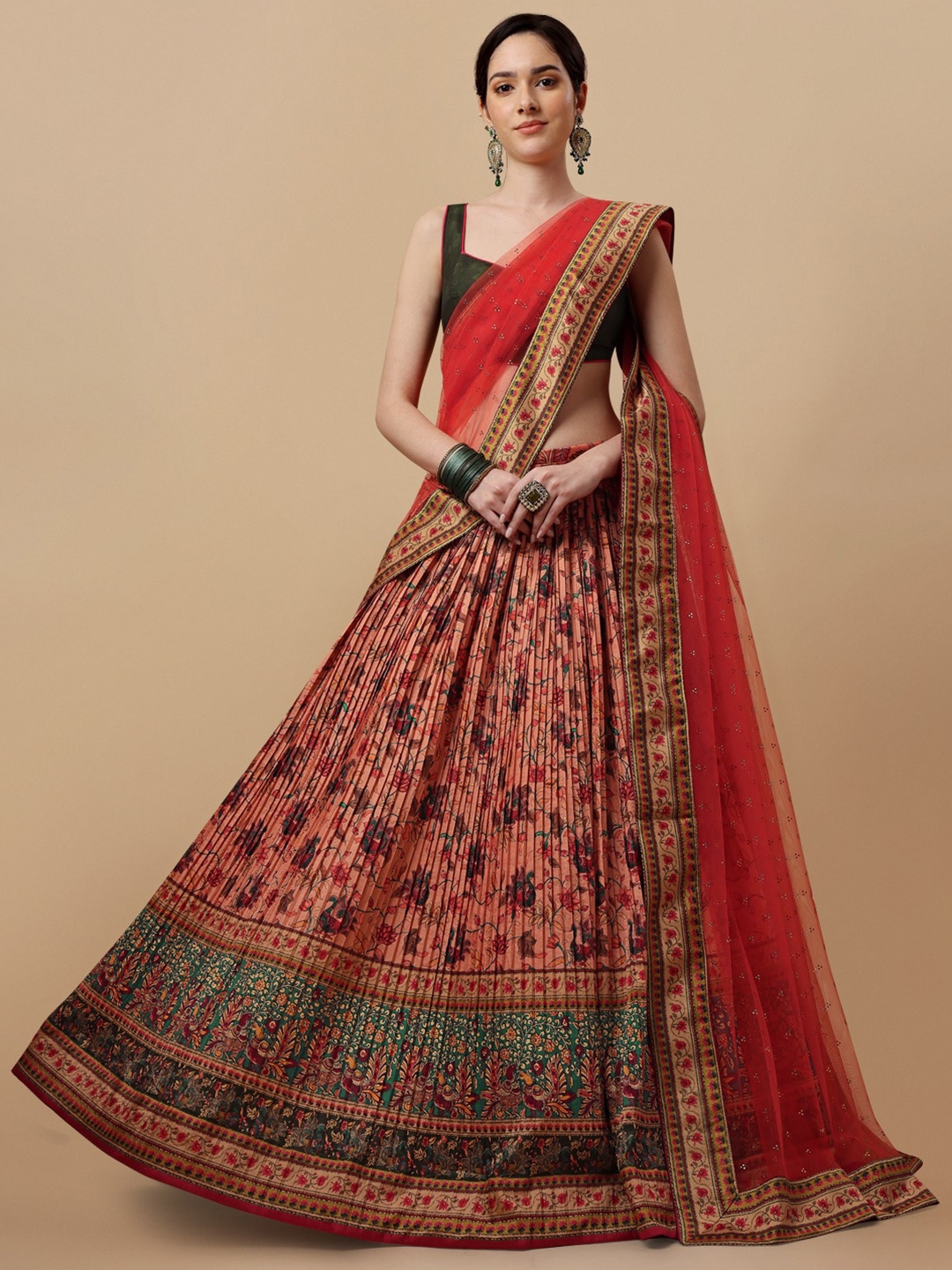

SAPTRANGI Printed Kalamkari Semi-Stitched Lehenga & Unstitched Blouse With, Peach