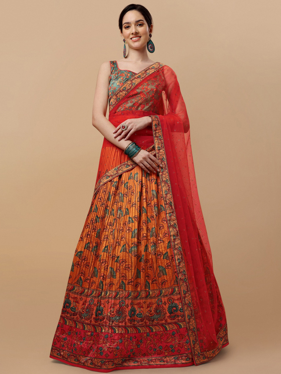 

SAPTRANGI Printed Kalamkari Semi-Stitched Lehenga & Unstitched Blouse With Dupatta, Orange