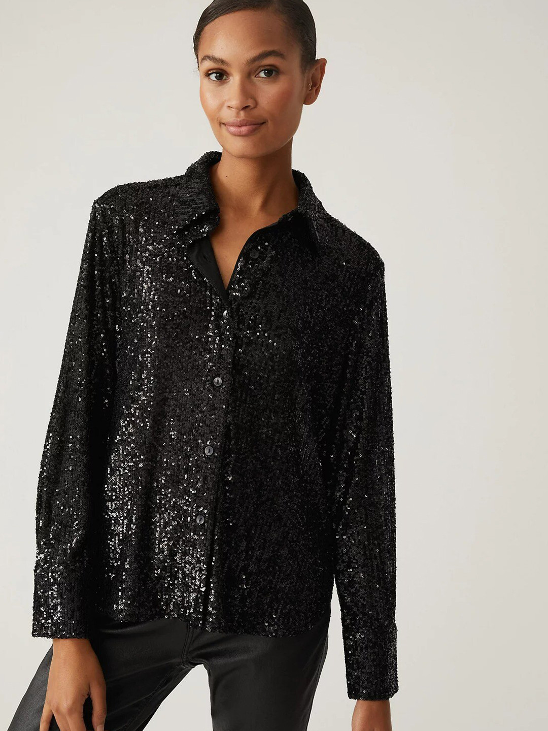 

Marks & Spencer Women Sequinned Party Shirt, Black
