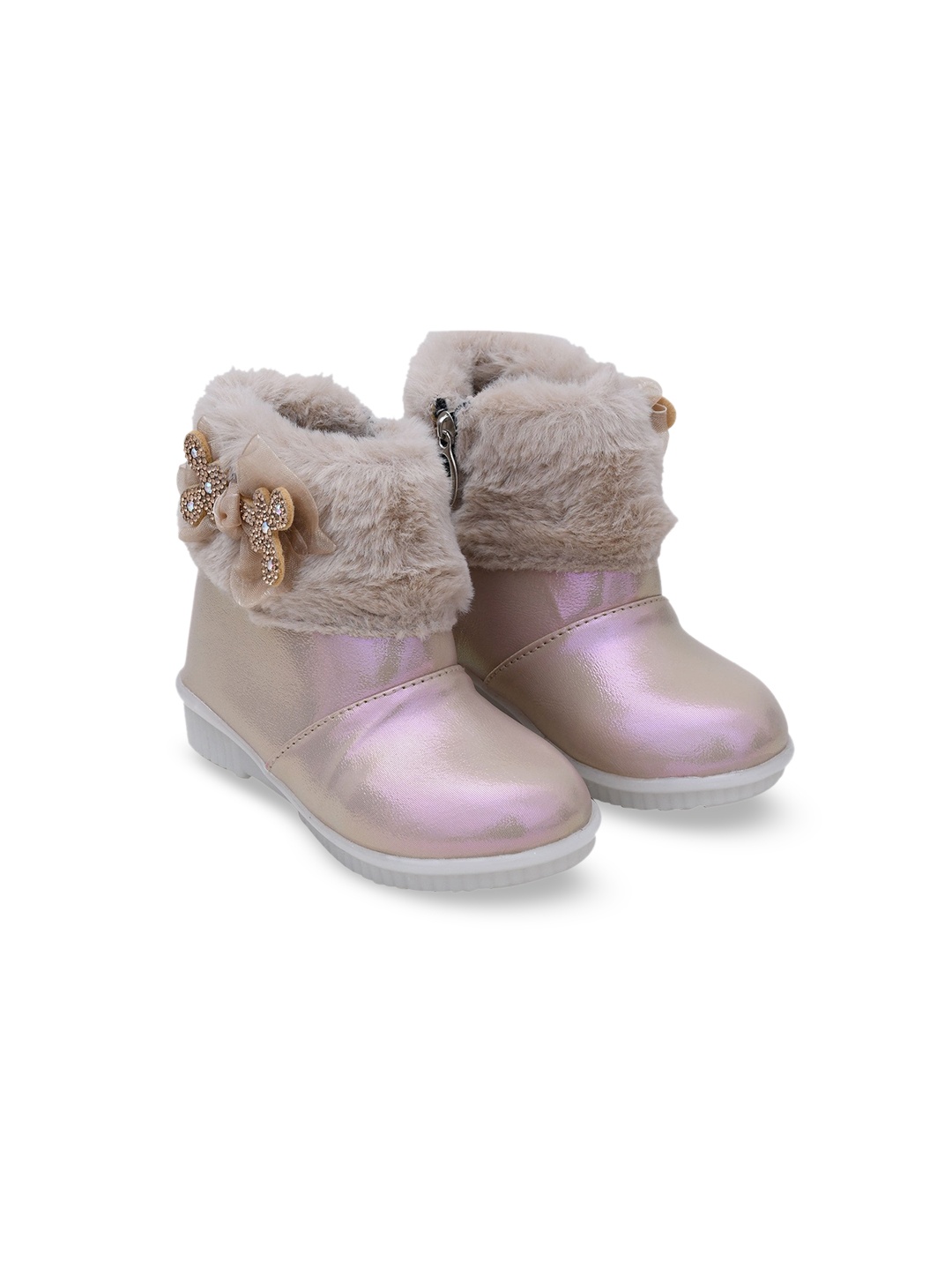 

Buckled Up Girls Faux Fur Trim Ankle Length Boots, Nude