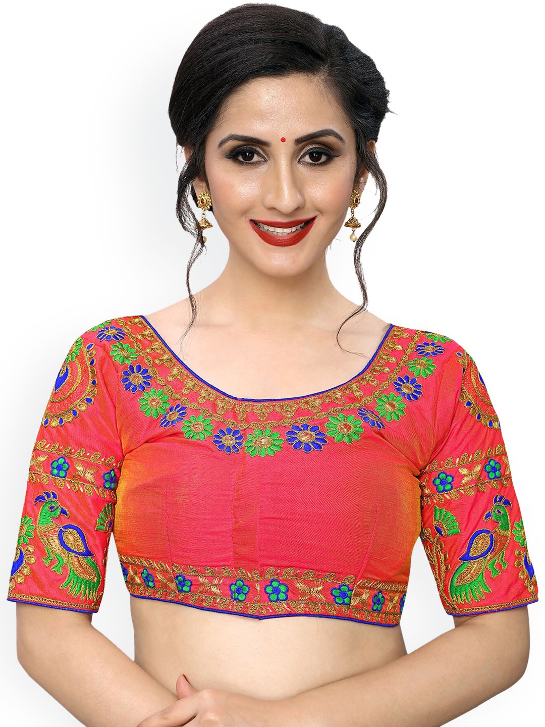 

Fab Viva Embroidered Short-Sleeve Saree Blouse, Peach