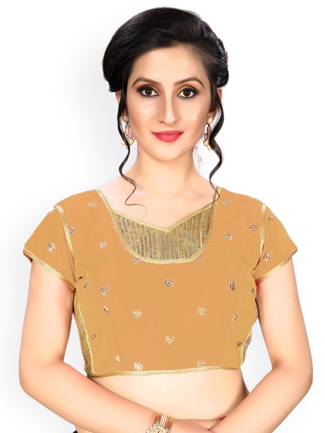 

Fab Viva Embroidered V-Neck Saree Blouse, Beige