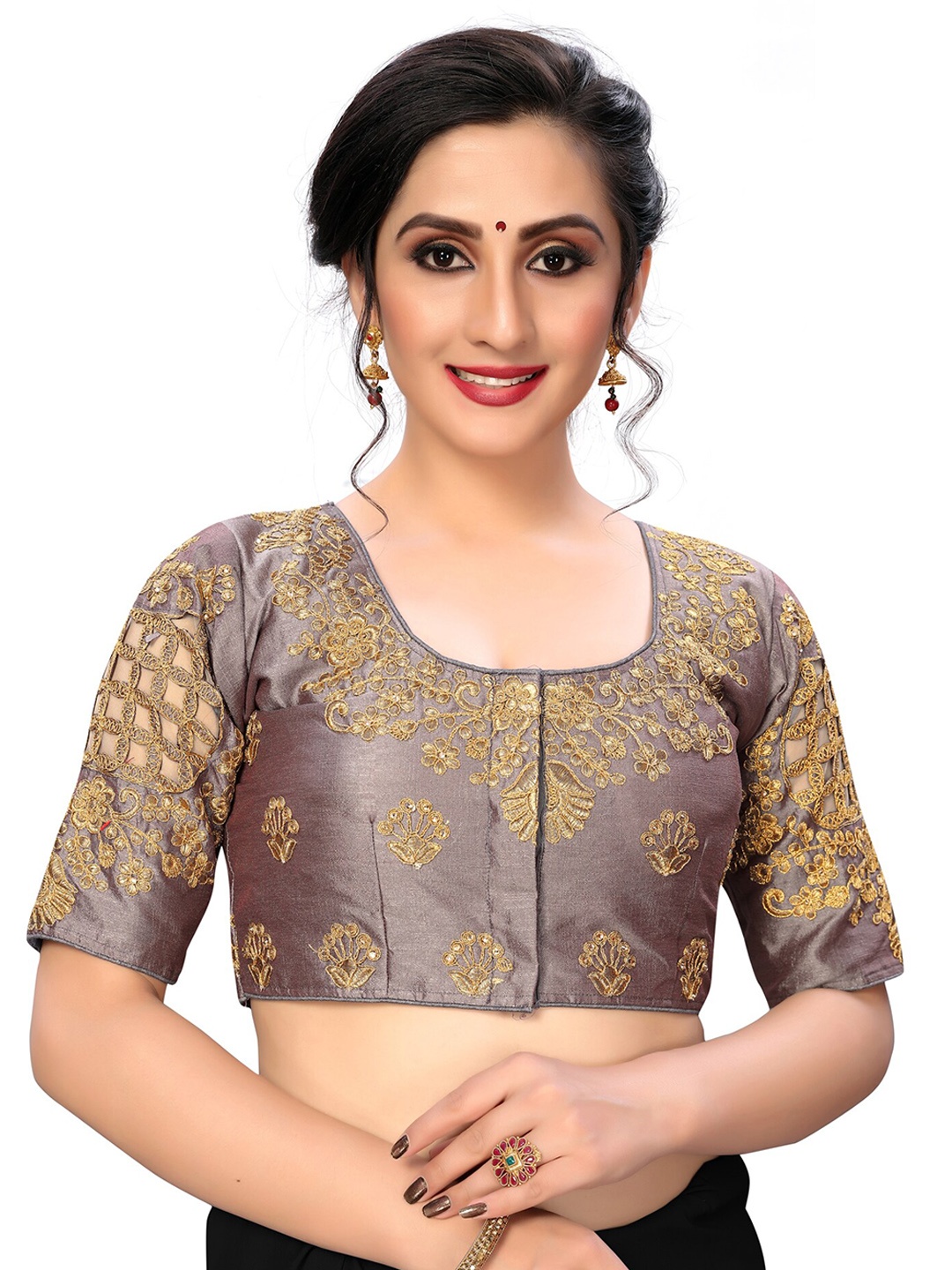 

Fab Viva Embroidered Silk Saree Blouse, Grey