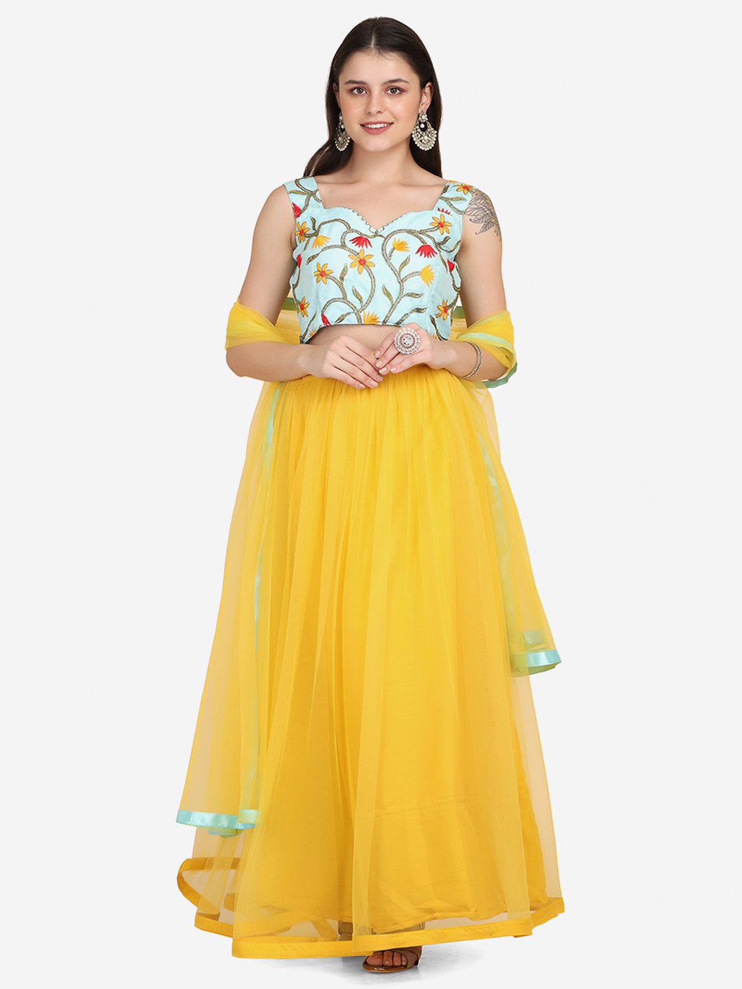 

Atsevam Yellow & Green Embroidered Semi-Stitched Lehenga & Unstitched Blouse With Dupatta