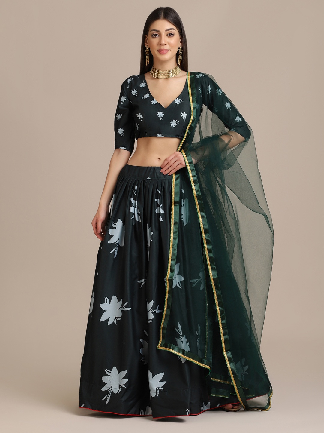 

Atsevam Green & Black Printed Semi-Stitched Lehenga & Unstitched Blouse With Dupatta