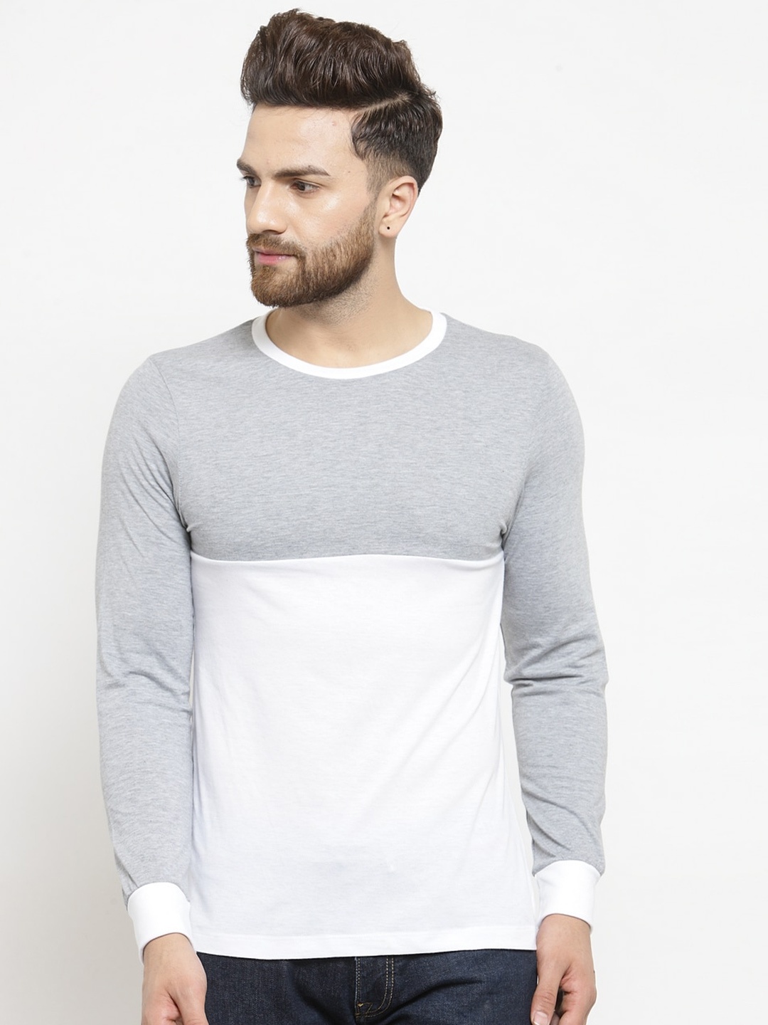 

Kalt Colourblocked Cotton T-shirt, Grey melange