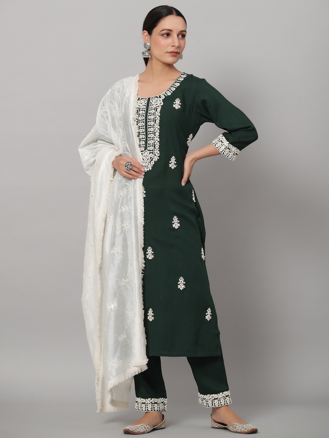 

Juniper Women Ethnic Motifs Embroidered Kurta with Trousers & With Dupatta, Green