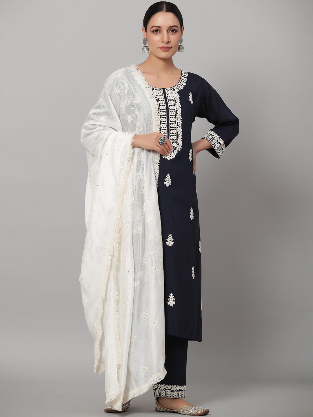 

Juniper Women Ethnic Motifs Embroidered Kurta with Trousers & With Dupatta, Navy blue