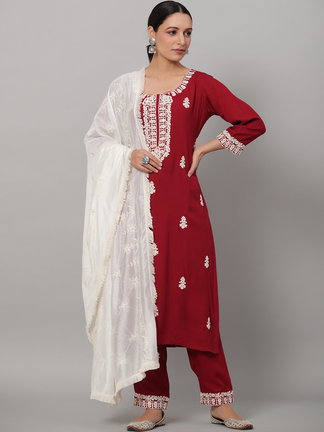 

Juniper Women Ethnic Motifs Embroidered Kurta with Trousers & With Dupatta, Maroon