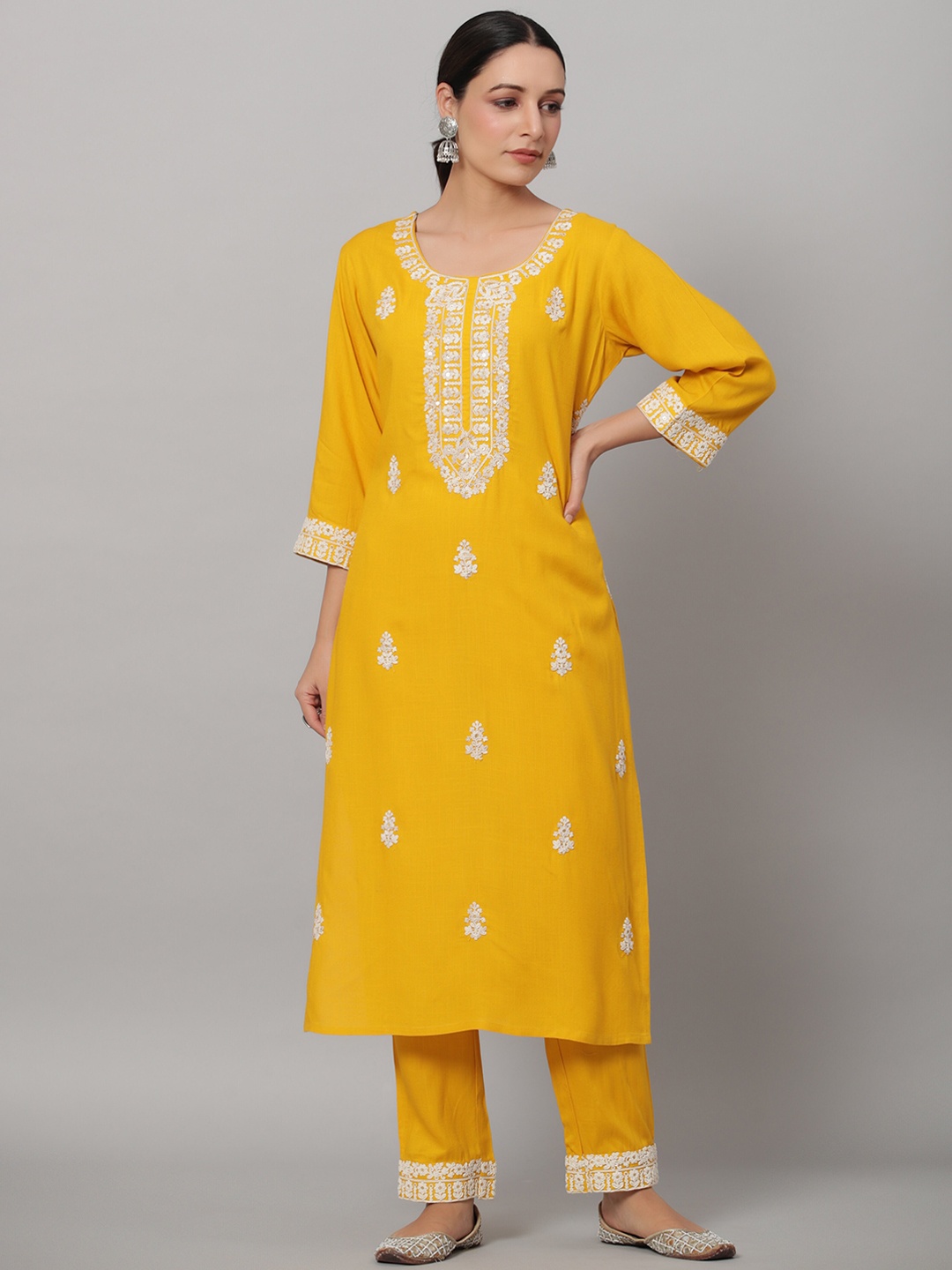 

Juniper Women Ethnic Motifs Embroidered Kurta with Trousers & With Dupatta, Mustard