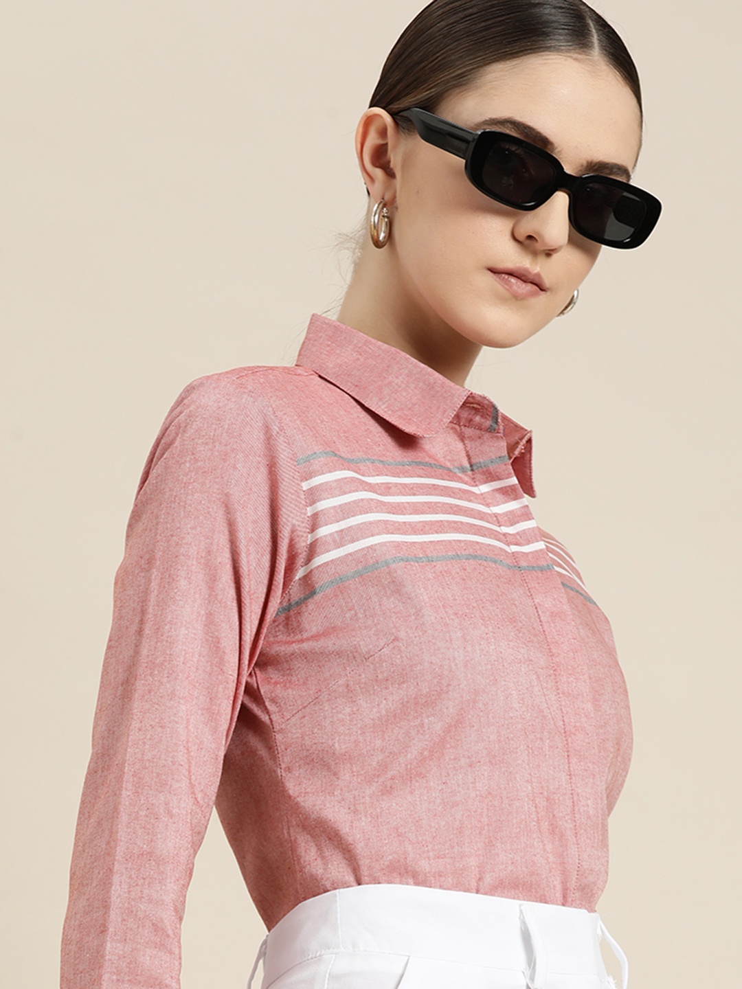 

Hancock Women Comfort Horizontal Striped Chambray Oxford Cotton Formal Shirt, Mauve