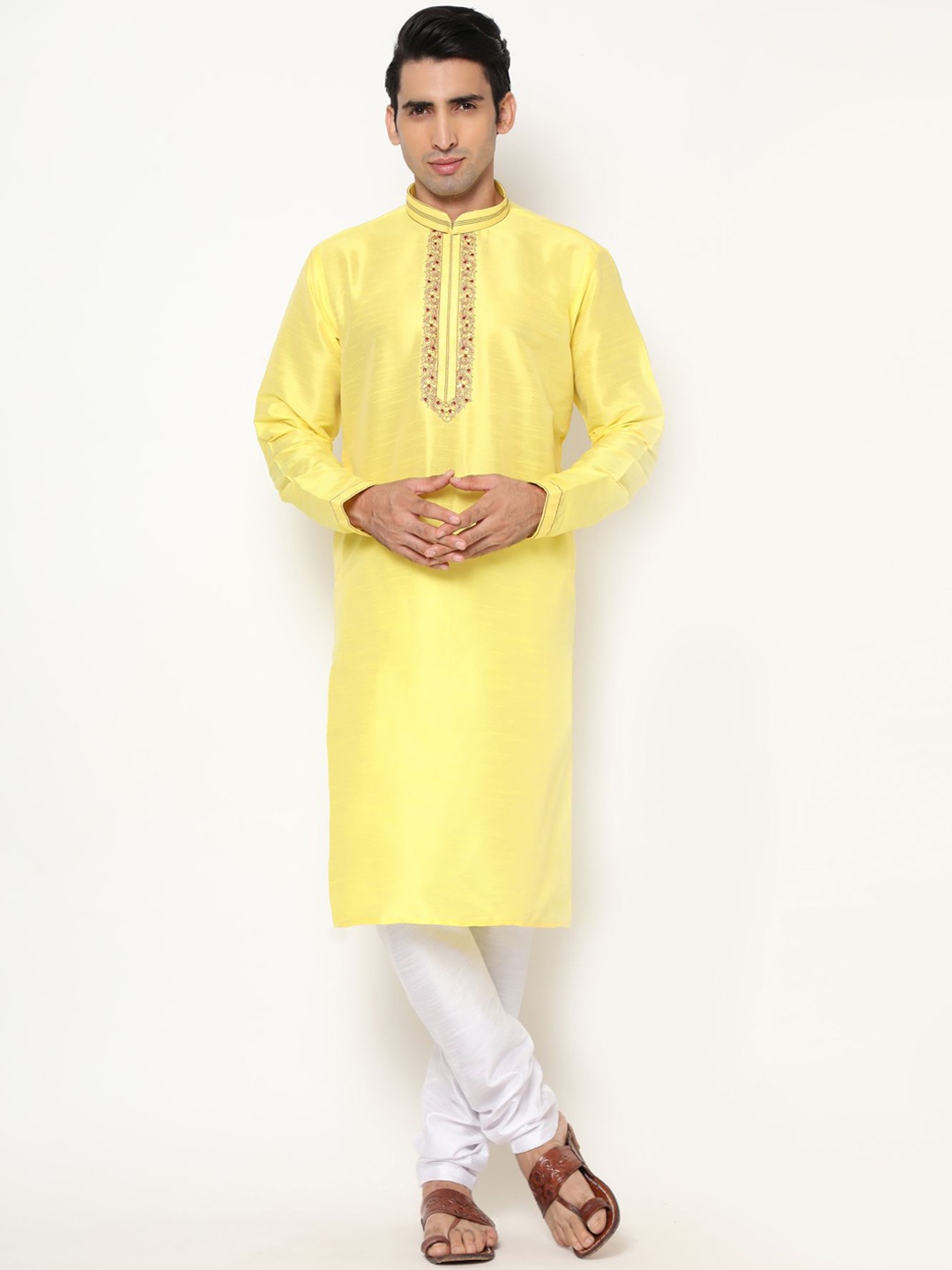 

PREMROOP- THE STYLE YOU LOVE Ethnic Embroidered Pure Cotton Kurta with Churidar, Yellow