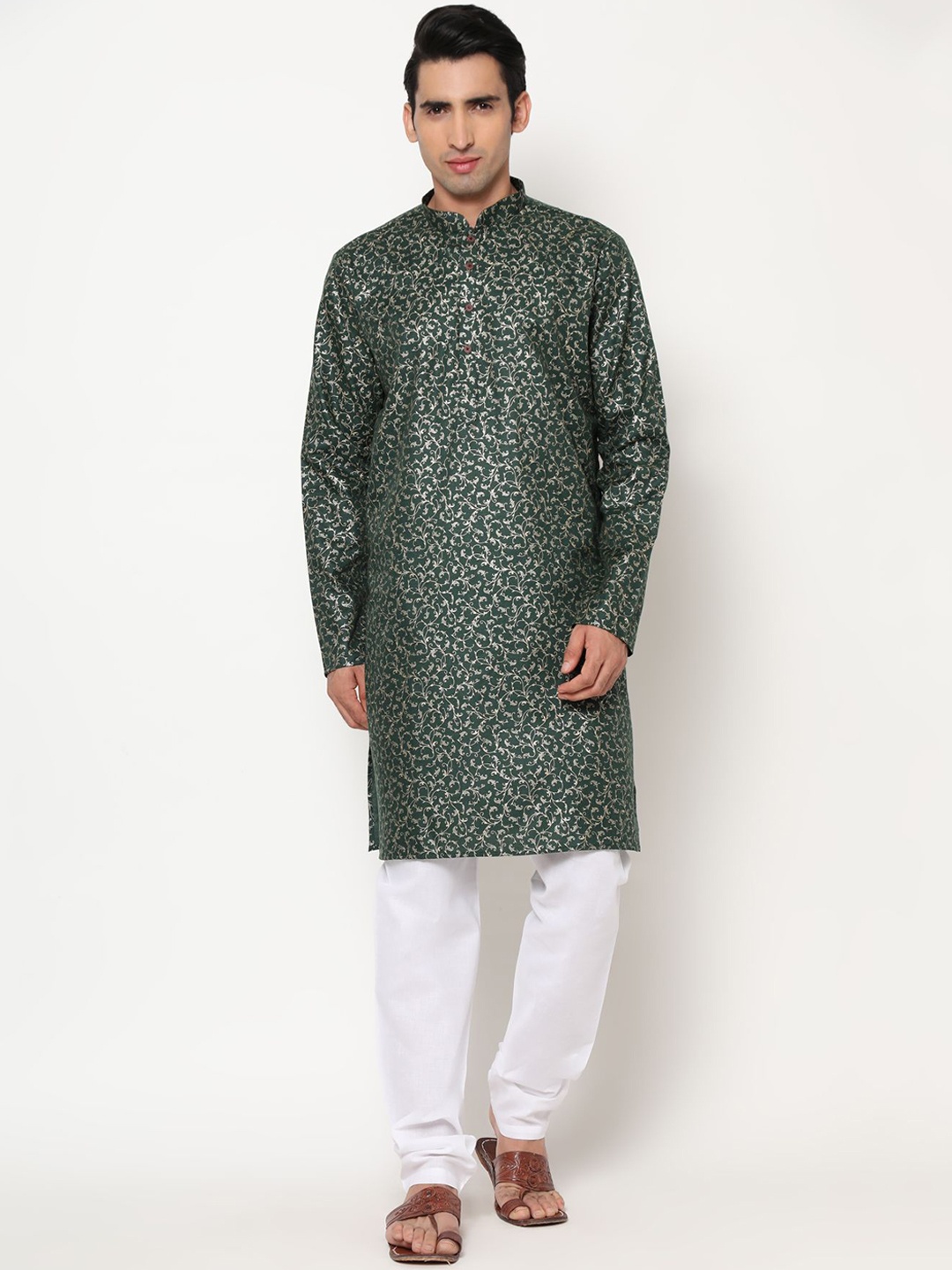 

PREMROOP- THE STYLE YOU LOVE Men Ethnic Motifs Printed Pure Cotton Kurta with Trousers, Green
