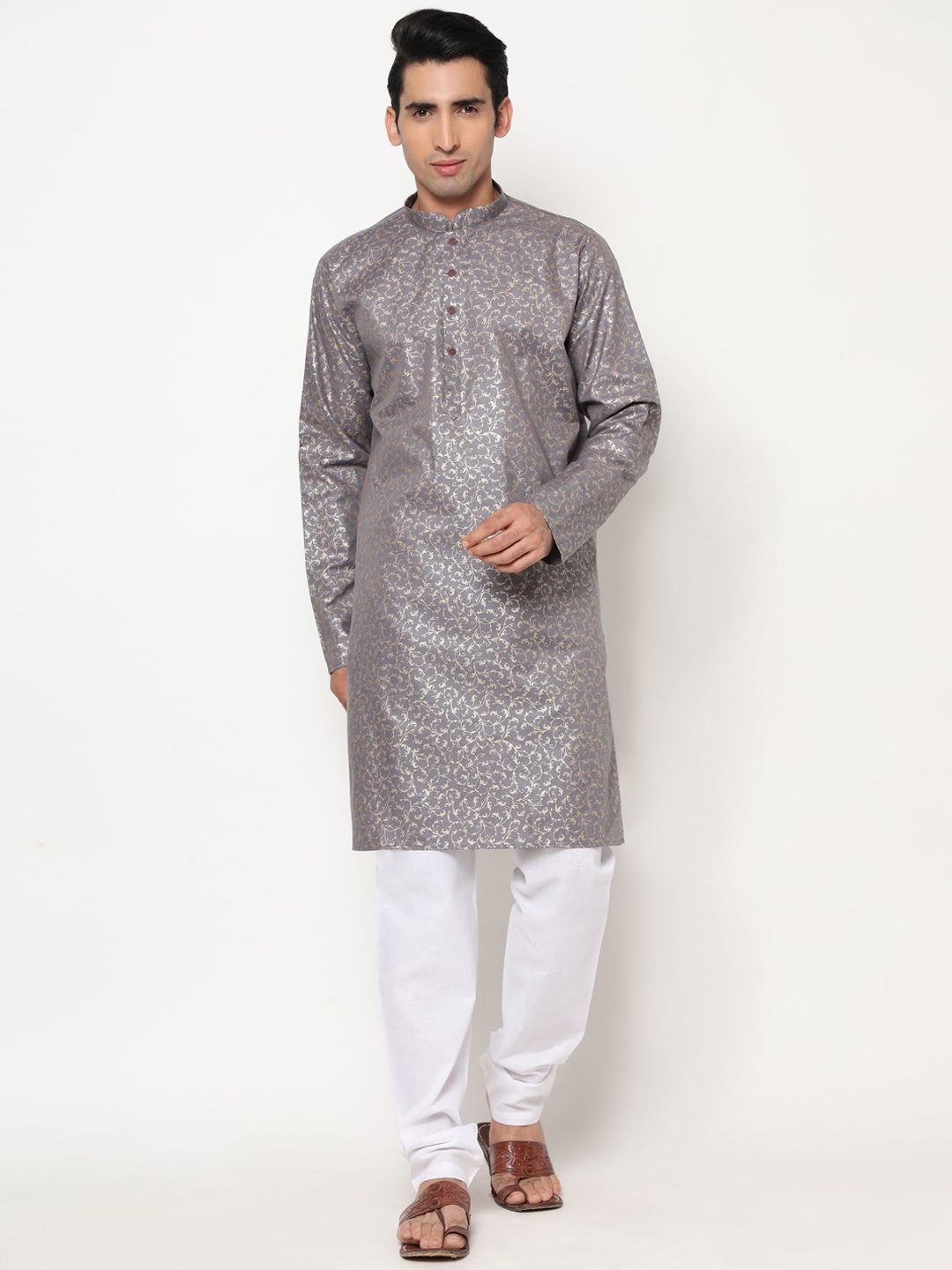 

PREMROOP- THE STYLE YOU LOVE Men Ethnic Motifs Printed Pure Cotton Kurta with Churidar, Grey