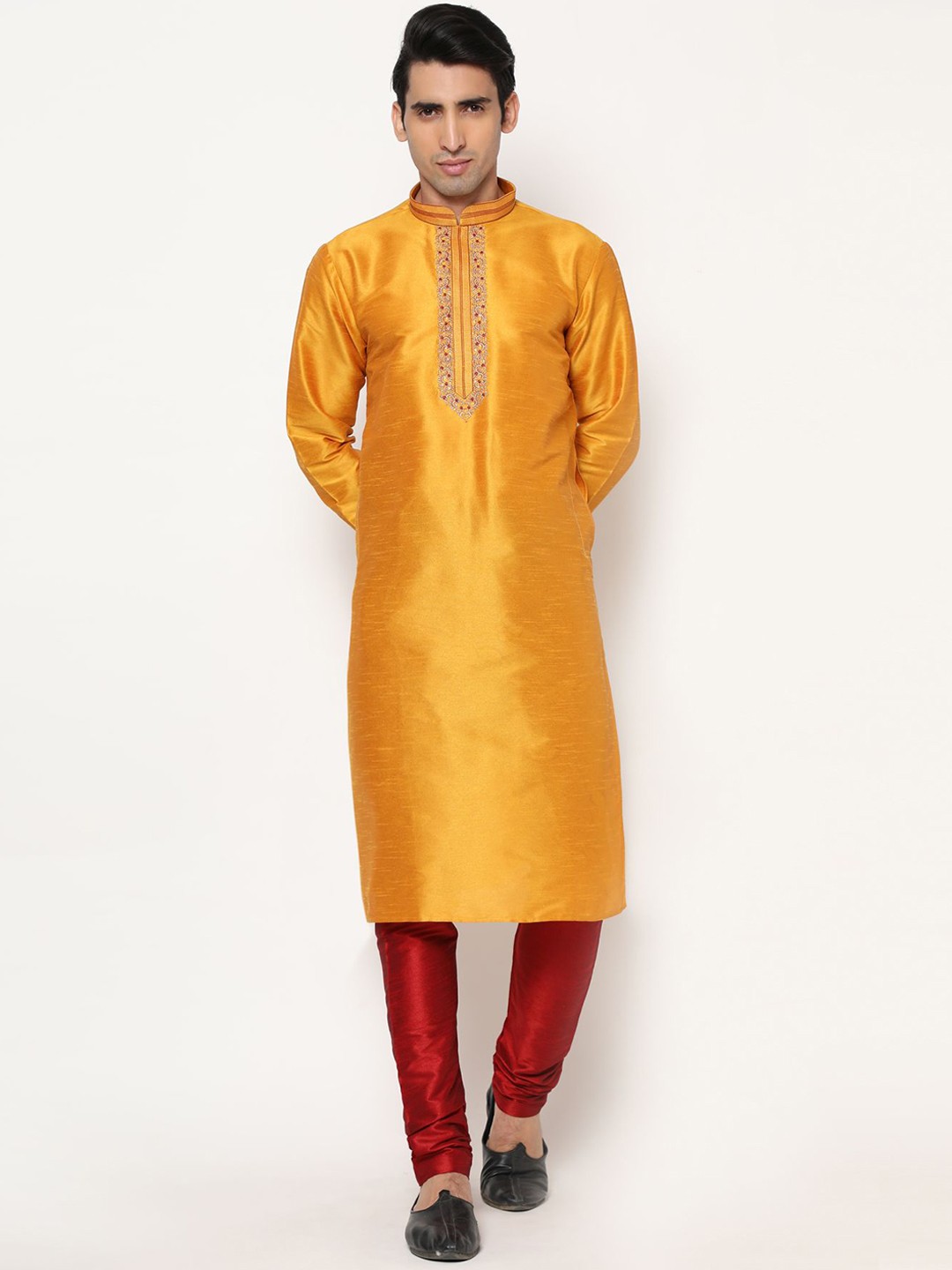 

PREMROOP- THE STYLE YOU LOVE Men Embroidered Pure Silk Kurta with Pyjamas, Yellow