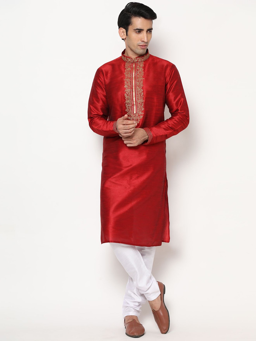 

PREMROOP- THE STYLE YOU LOVE Men Embroidered Pure Cotton Kurta with Churidar, Red