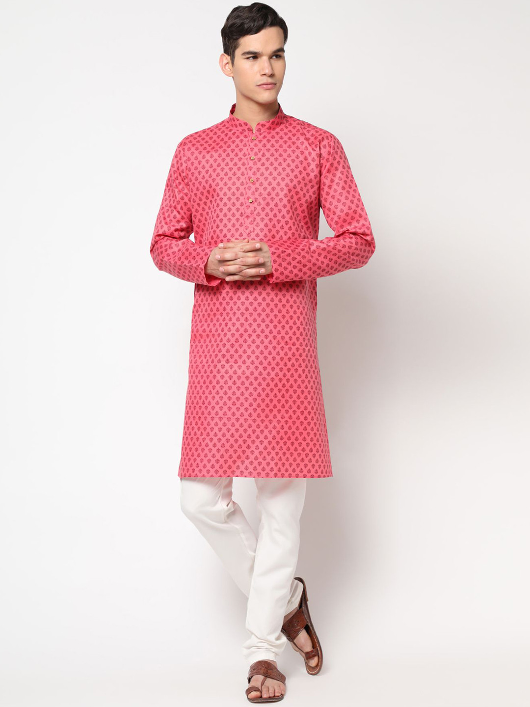 

PREMROOP- THE STYLE YOU LOVE Men Ethnic Motifs Printed Pure Cotton Kurta with Churidar, Pink