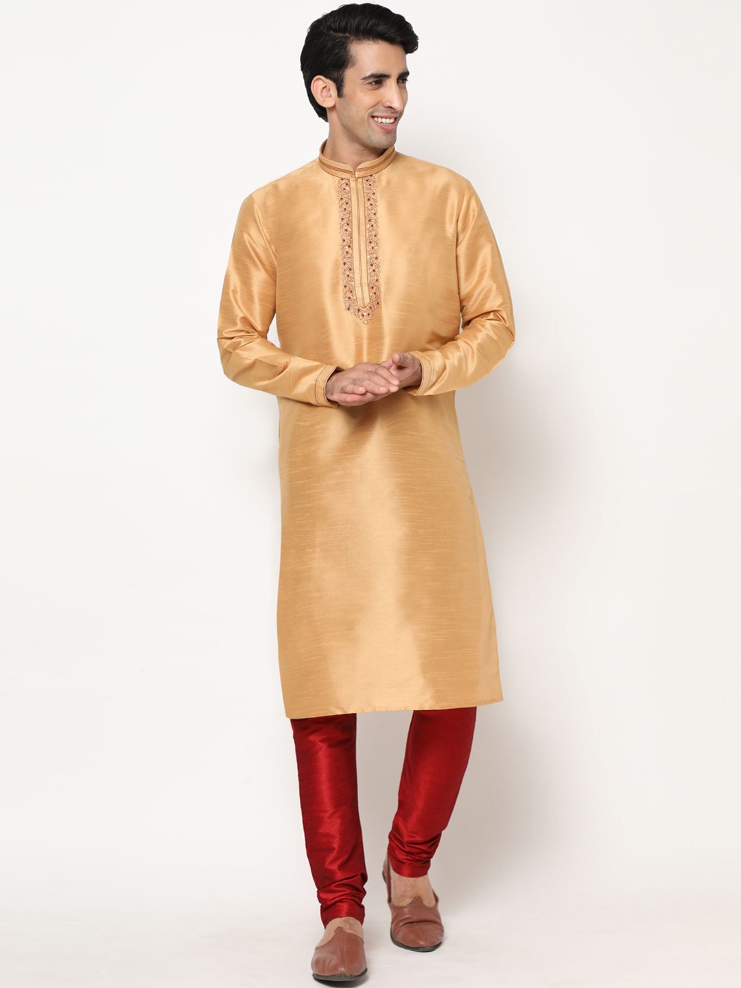 

PREMROOP- THE STYLE YOU LOVE Men Embroidered Pure Cotton Kurta with Pyjamas, Gold