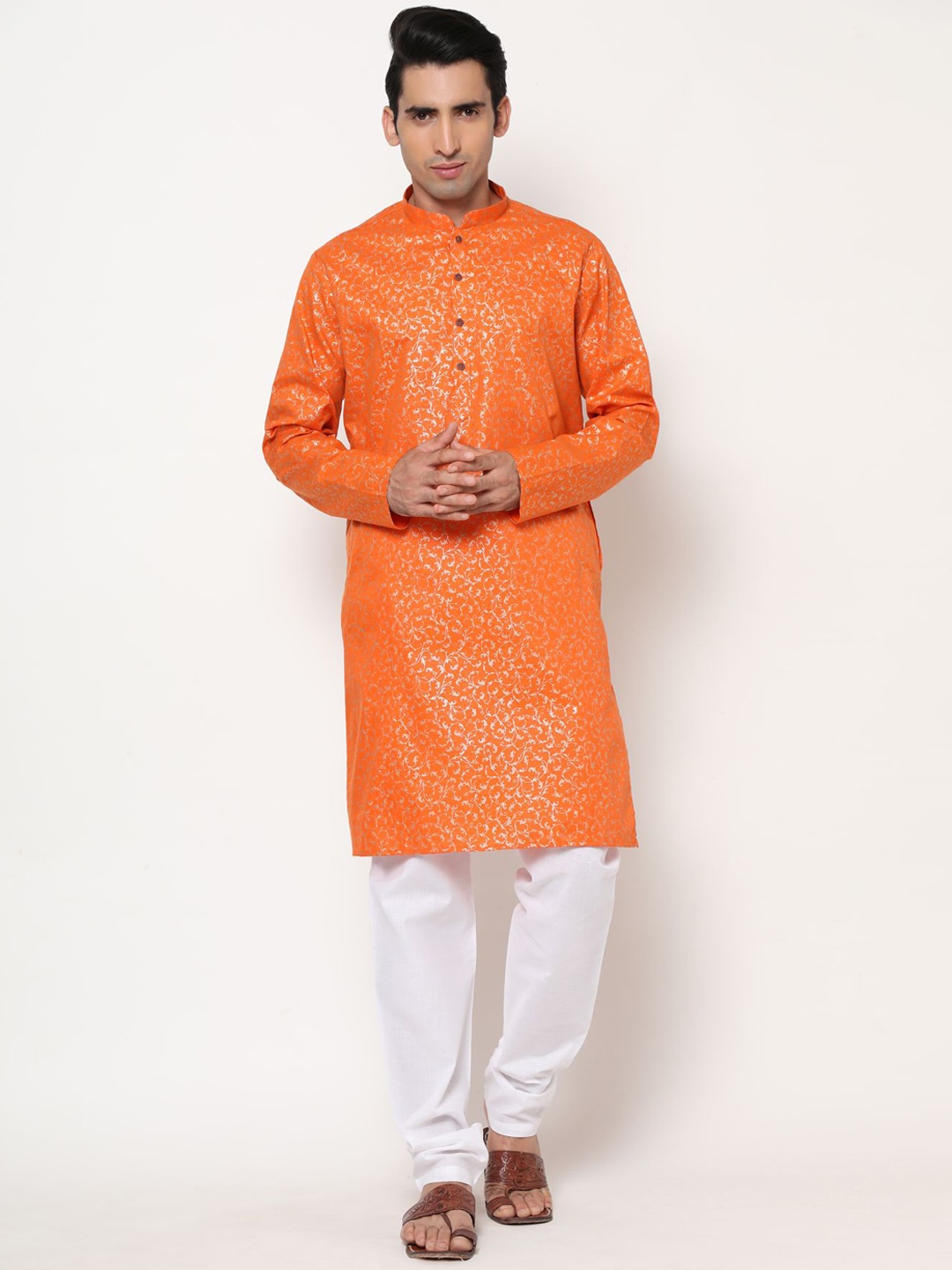 

PREMROOP- THE STYLE YOU LOVE Men Ethnic Motifs Printed Pure Cotton Kurta with Trousers, Orange