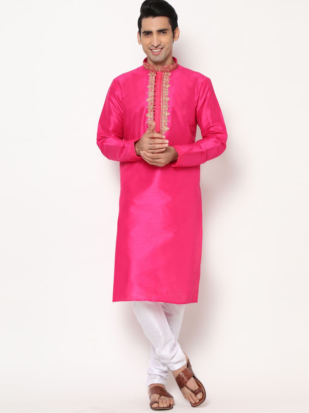 

PREMROOP- THE STYLE YOU LOVE Men Embroidered Pure Cotton Kurta with Churidar, Pink