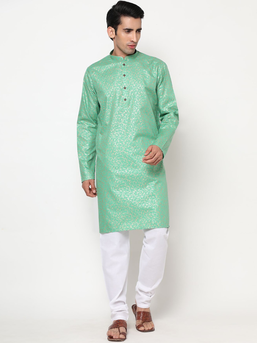 

PREMROOP- THE STYLE YOU LOVE Men Ethnic Motifs Printed Pure Cotton Kurta with Churidar, Sea green