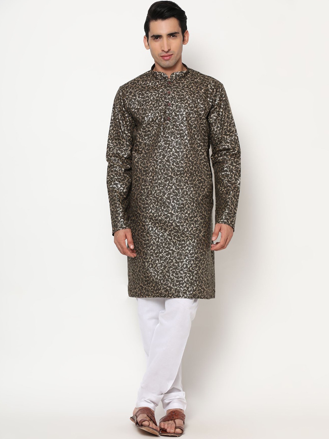 

PREMROOP- THE STYLE YOU LOVE Men Ethnic Printed Pure Cotton Kurta with Churidar, Black