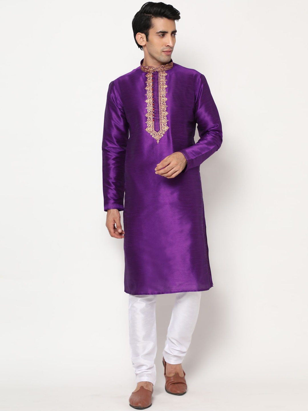 

PREMROOP- THE STYLE YOU LOVE Men Ethnic Embroidered Pure Cotton Kurta with Pyjamas, Purple