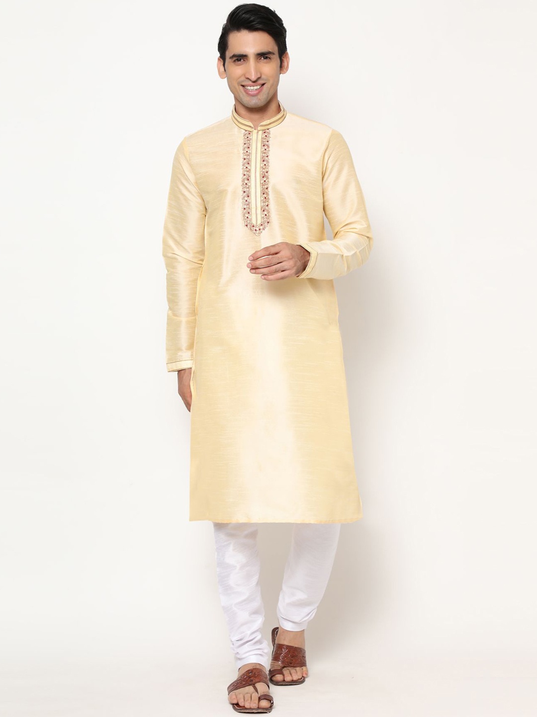 

PREMROOP- THE STYLE YOU LOVE Men Ethnic Embroidered Pure Cotton Kurta with Pyjamas, Cream
