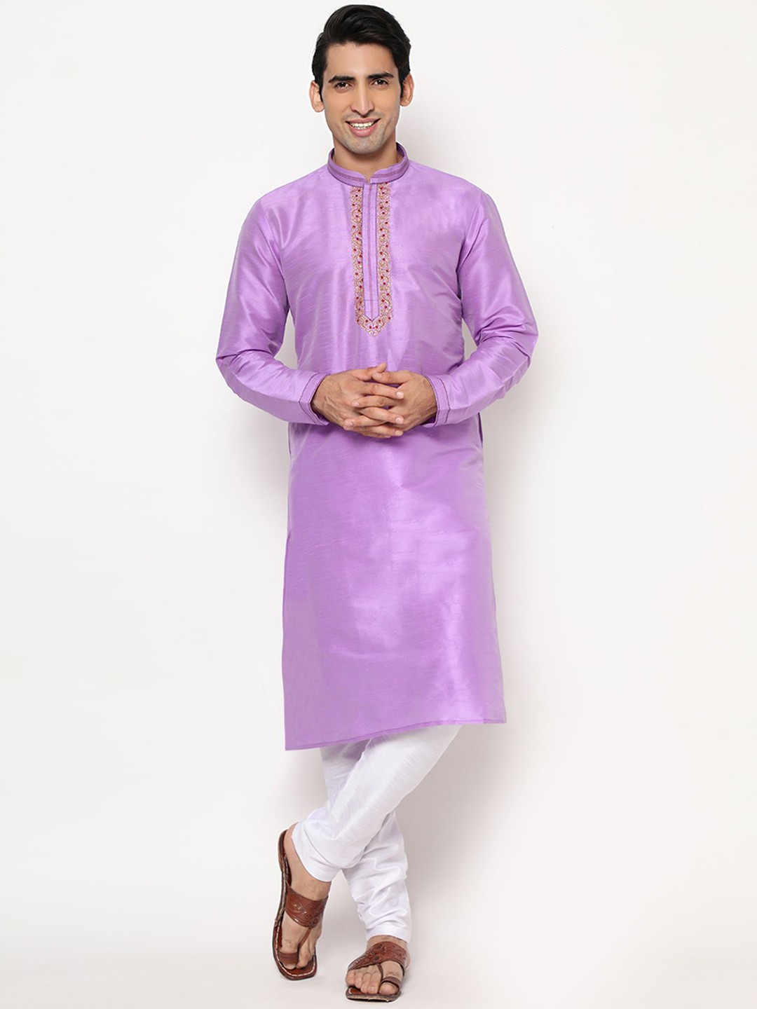 

PREMROOP- THE STYLE YOU LOVE Men Ethnic Embroidered Pure Cotton Kurta With Churidar, Lavender