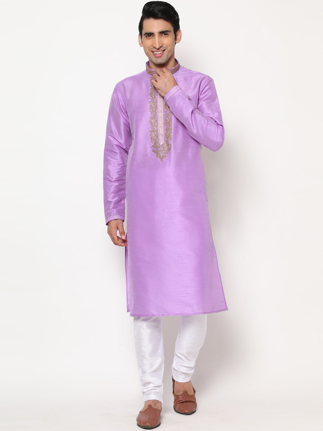 

PREMROOP- THE STYLE YOU LOVE Men Ethnic Motifs Embroidered Pure Silk Kurta with Pyjamas, Lavender