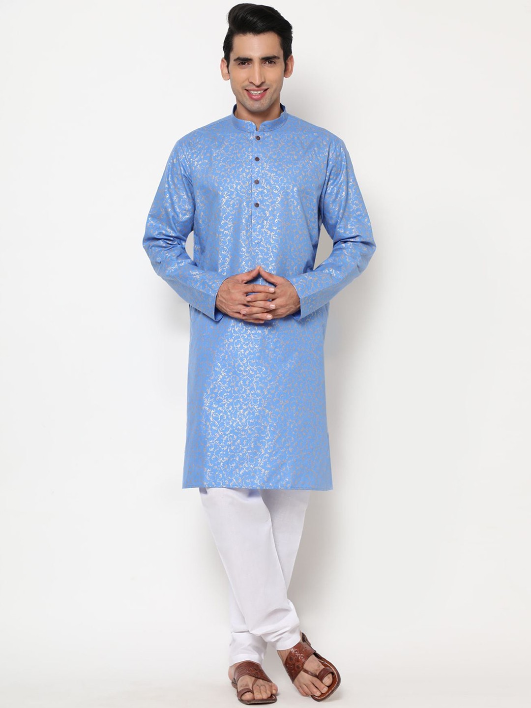 

PREMROOP- THE STYLE YOU LOVE Men Ethnic Motifs Printed Pure Cotton Kurta with Pyjamas, Blue