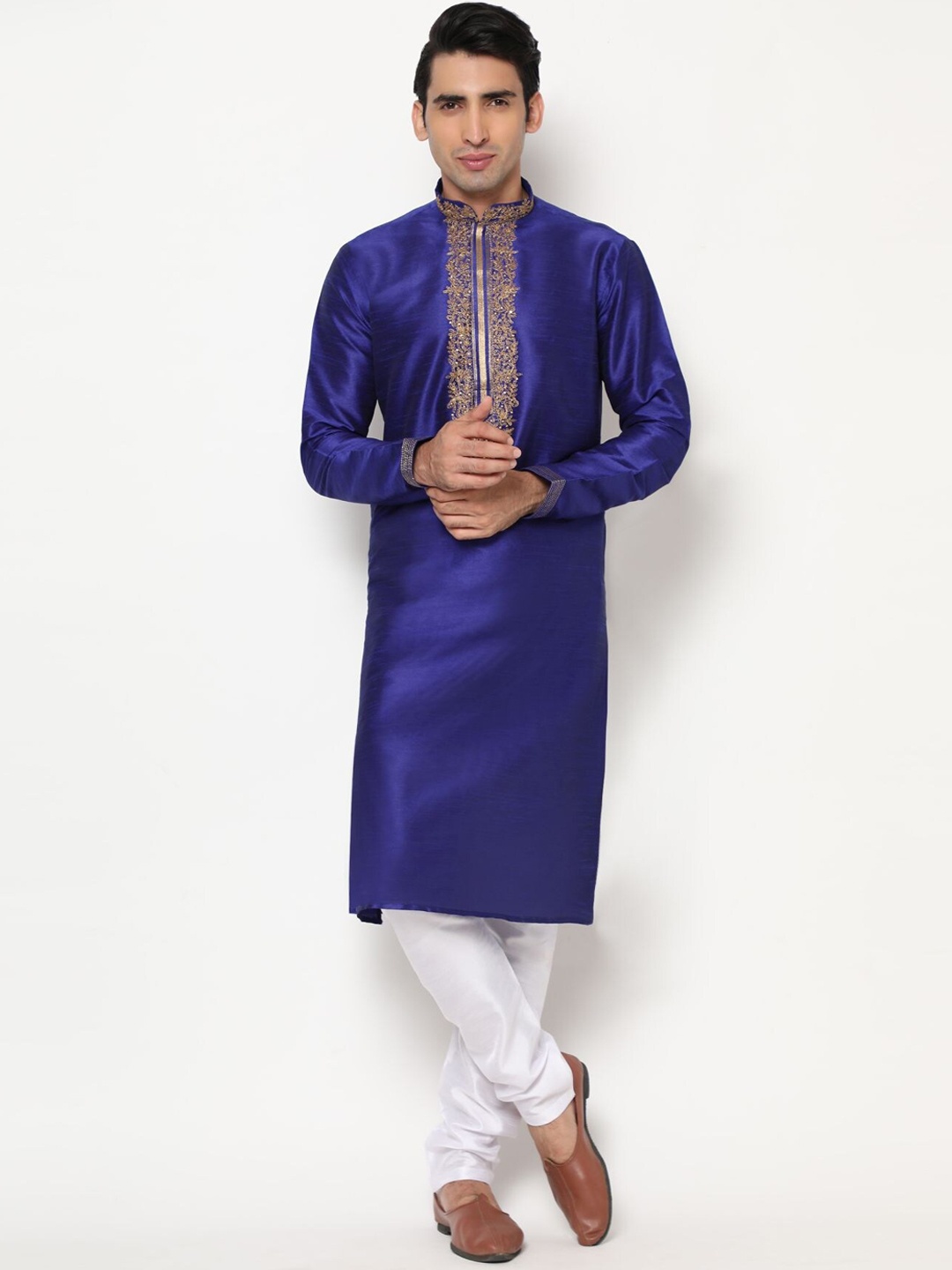

PREMROOP- THE STYLE YOU LOVE Men Floral Yoke Design Pure Cotton Kurta With Pyjamas, Blue
