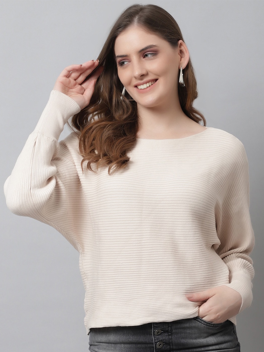 

NoBarr Striped Extended Sleeves Top, Cream