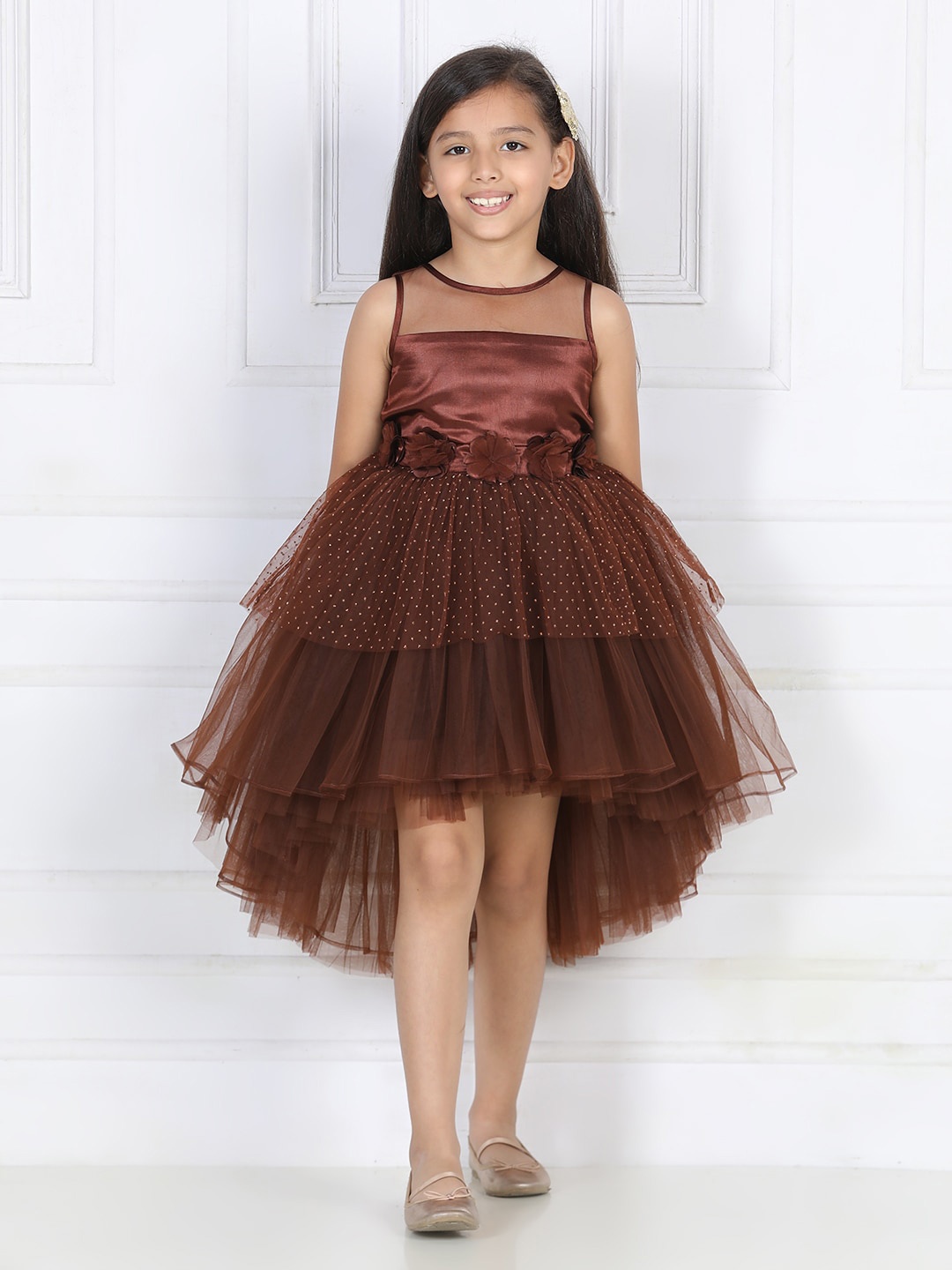 

Toy Balloon kids Girls Ruffle Net Dress, Brown