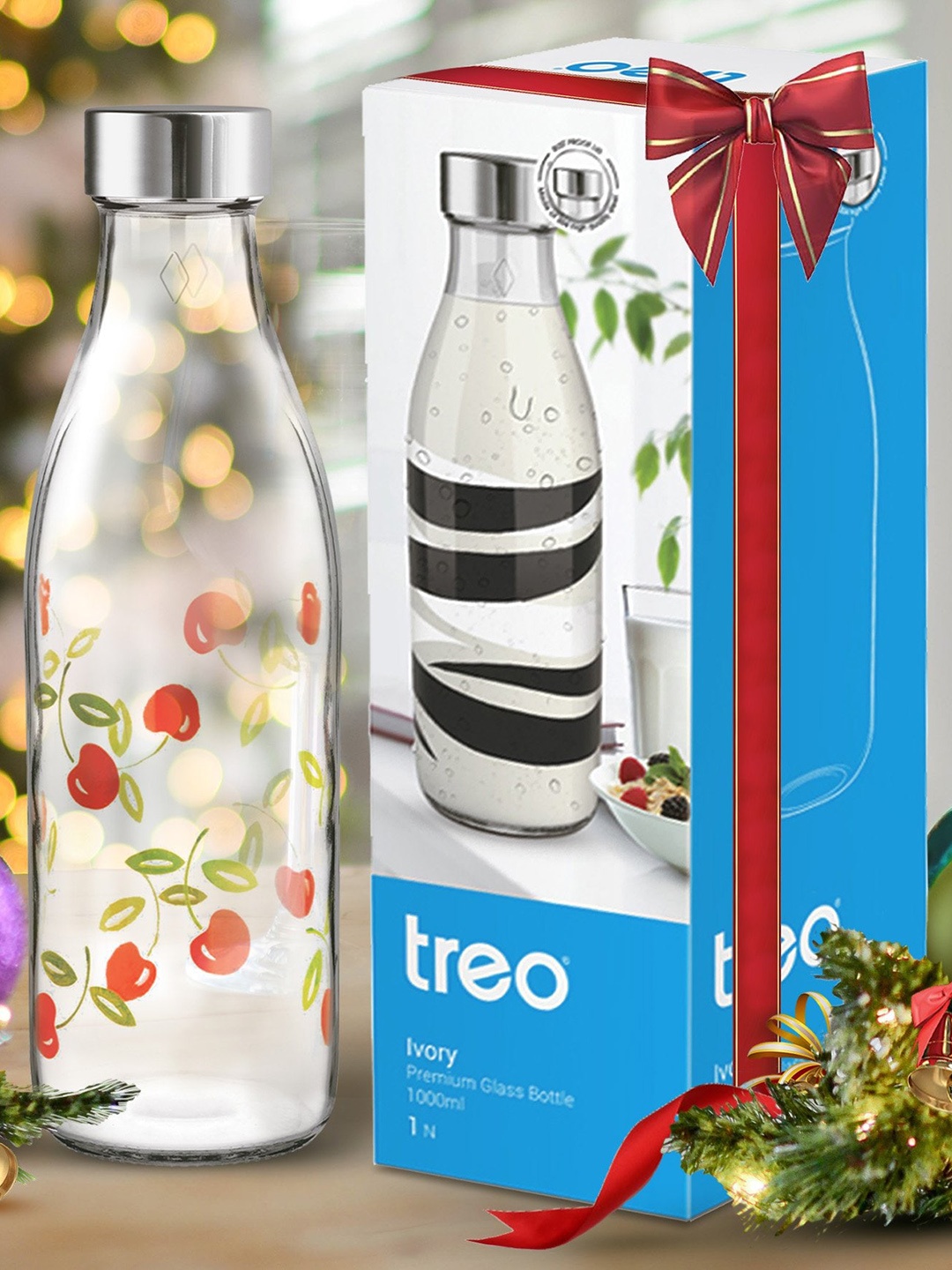 

Treo Ivory Premium Red Cherries Printed Glass Water Bottle 1 ltr