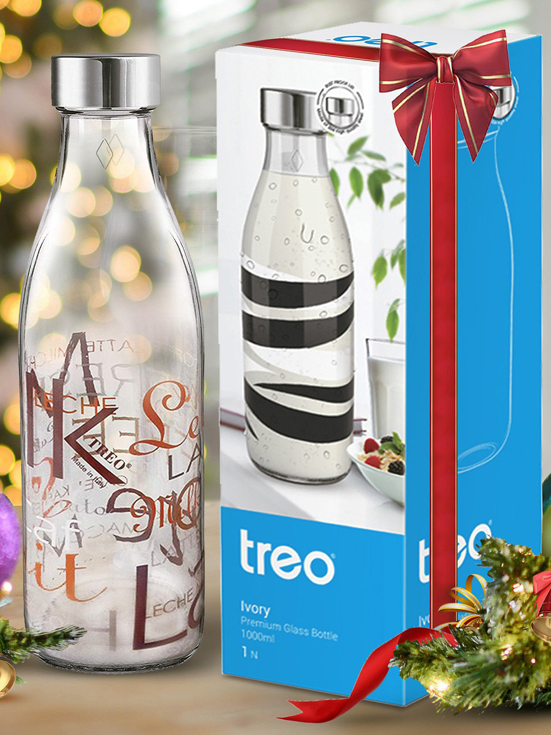 

Treo Ivory Premium Words Printed Glass Water Bottle 1ltr, Transparent