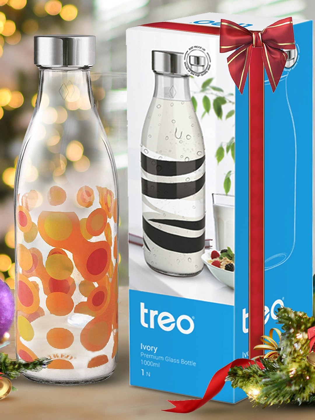 

Treo Ivory Premium Orange Circles Printed BPA & Lead Free Glass Water Bottle 1Ltr