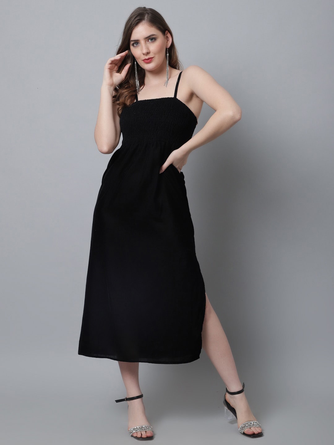 

Aawari Smocked Detailed Velvet Empire Midi Dress, Black