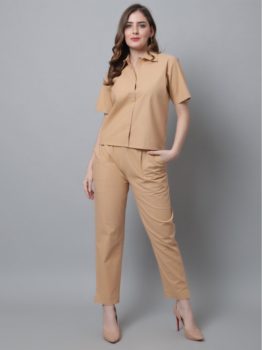 

Aawari Women Pure Cotton Shirt with Trousers, Beige